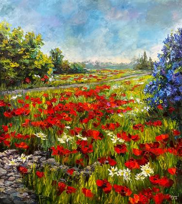 Impressionist oil painting landscape "Poppies with lilac tree1" thumb