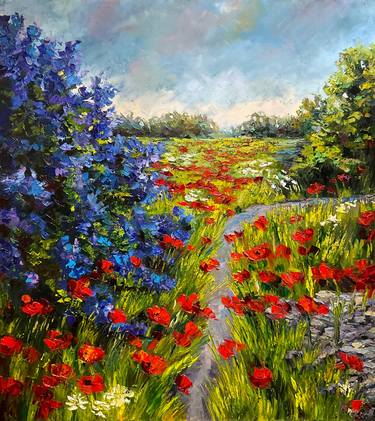 Impressionist oil painting landscape "Poppies with lilac tree2" thumb