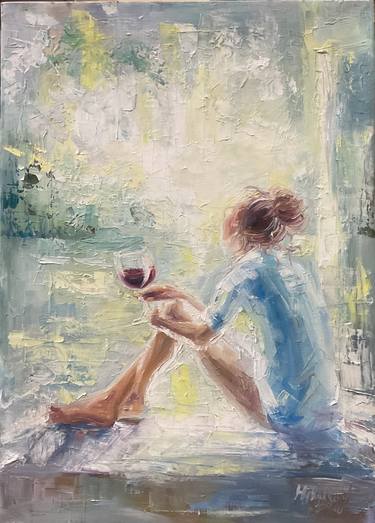 Girl with wine near window thumb