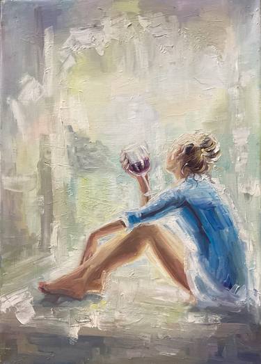 Oil painting Girl with wine near window thumb