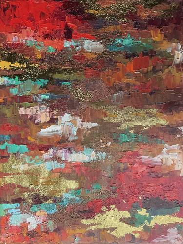 Abstract oil paintinting with gold leaf "Autumn fall" 2023 thumb