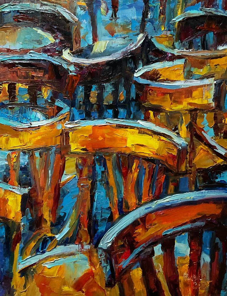 Original Abstract Painting by Mariia Hyhar | Impressionism Art on Canvas | Oil painting on canvas ' Cafe after the rain. Street'
