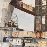 The giant cranes of Cockatoo island in Parramatta River west of Sydney harbour bridge. by Marie Larraine Weir