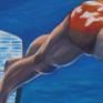 Happy young boy diving in a deep-blue swimming pool in bright sunlight. Acrylic paint renders the blues and flesh tones very well and create a strong contrast between the warm and cool tones. The painting is protected with 4 layers of glossy UV varnish.