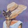 Romantic painting of a woman standing in a lavender field in the French Provence, wearing a straw hat.
Her golden tanned skin, white shirt and straw hat in full sunlight create a beautiful contrast with the purple background.