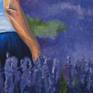 Romantic painting of a woman standing in a lavender field in the French Provence, wearing a straw hat.
Her golden tanned skin, white shirt and straw hat in full sunlight create a beautiful contrast with the purple background.