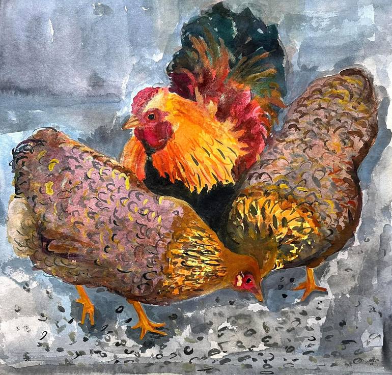 Original Animal Painting by Zahra Azimzade | Impressionism Art on Paper | a morning on the farm