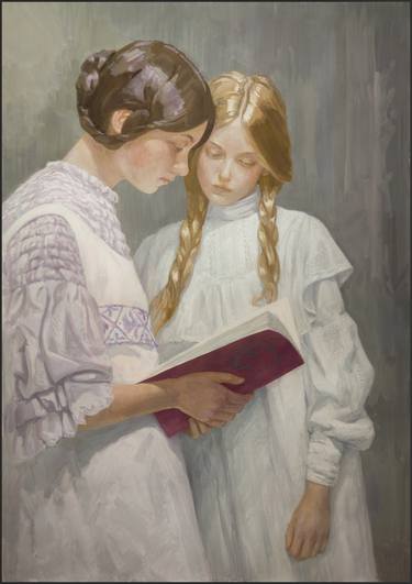 Portrait of two girls reading the book thumb