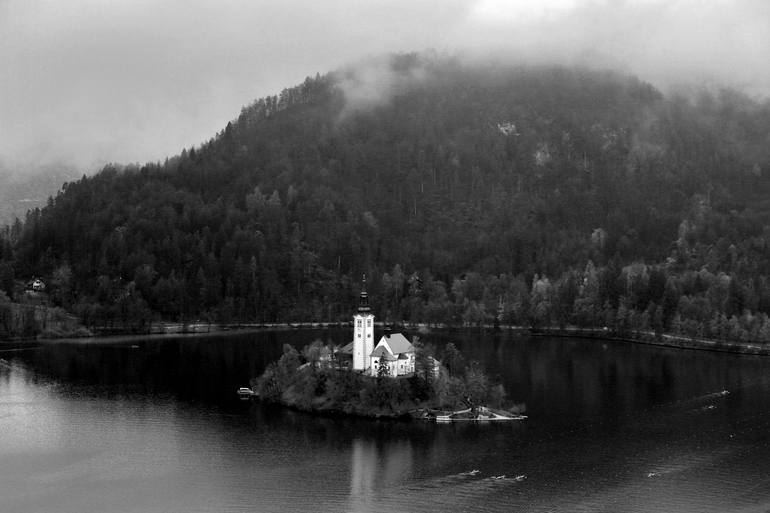 Original Landscape Photography by Dave Porter | Abstract Art on Canvas | Pilgrimage Church of the Assumption of Maria, Lake Bled Island, Julian Alps,