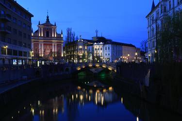 The Franciscan Church of the Annunciation and Ljubljanica River at dusk, Ljubljana city, Slovenia - Limited Edition of 20 thumb