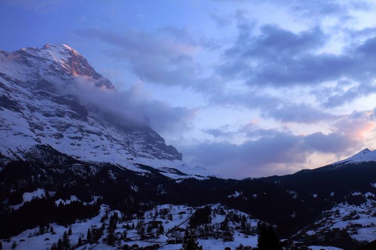 Original Landscape Photography by Dave Porter | Abstract Art on Canvas | Winter snowy sunset, North face of the Eiger mountain, Grindelwald Ski resort