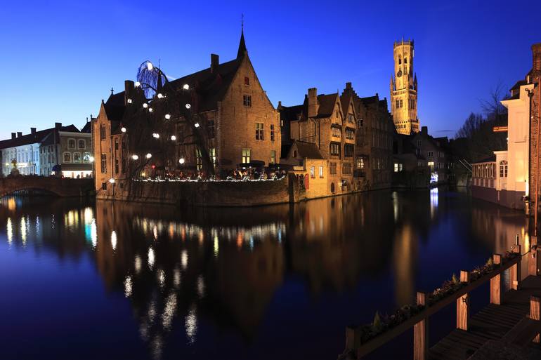 Original Landscape Photography by Dave Porter | Abstract Art on Canvas | The River Dijver and the Belfort tower at night, Bruges City, Belgium. - Limi