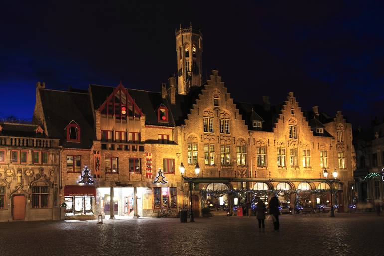 Original Architecture Photography by Dave Porter | Abstract Art on Canvas | Buildings in Burg square and the Belfort tower, ( Belfry ), Bruges City, B