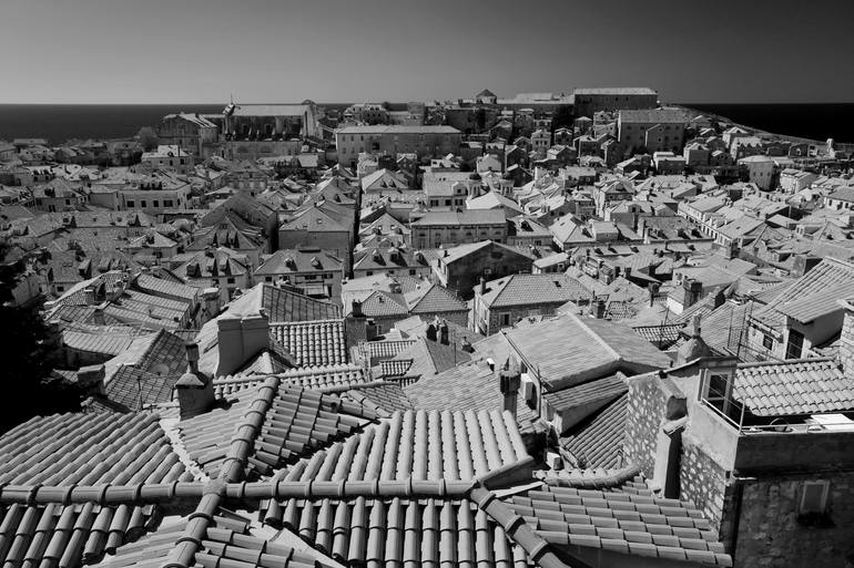 Original Architecture Photography by Dave Porter | Abstract Art on Canvas | Aerial View of the City walls and Terracotta Rooftops, Dubrovnik, Croatia