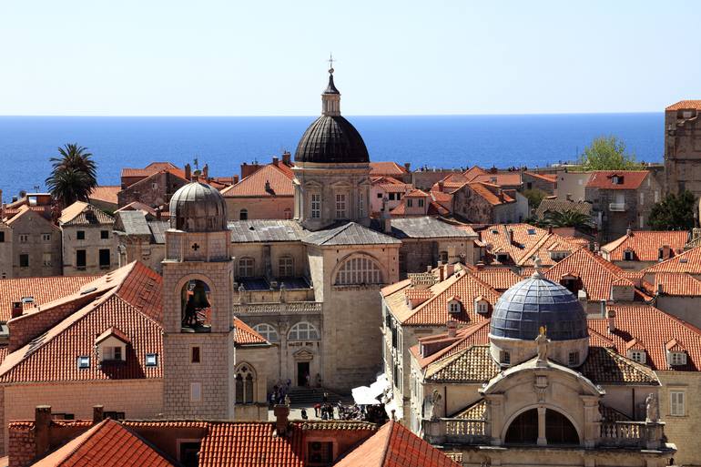 Original Architecture Photography by Dave Porter | Abstract Art on Canvas | Aerial View of the City walls and Terracotta Rooftops, Dubrovnik, Croatia