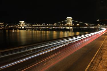 Traffic trails at night, Széchenyi Chain bridge, river Danube, Budapest city, Hungary - Limited Edition of 15 thumb