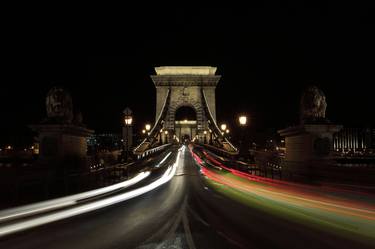 Traffic trails at night, Széchenyi Chain bridge, river Danube, Budapest city, Hungary - Limited Edition of 15 thumb