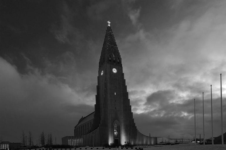 Original Architecture Photography by Dave Porter | Abstract Art on Canvas | Exterior of the Hallgrimskirkja church at night, Reykjavik city, Iceland -