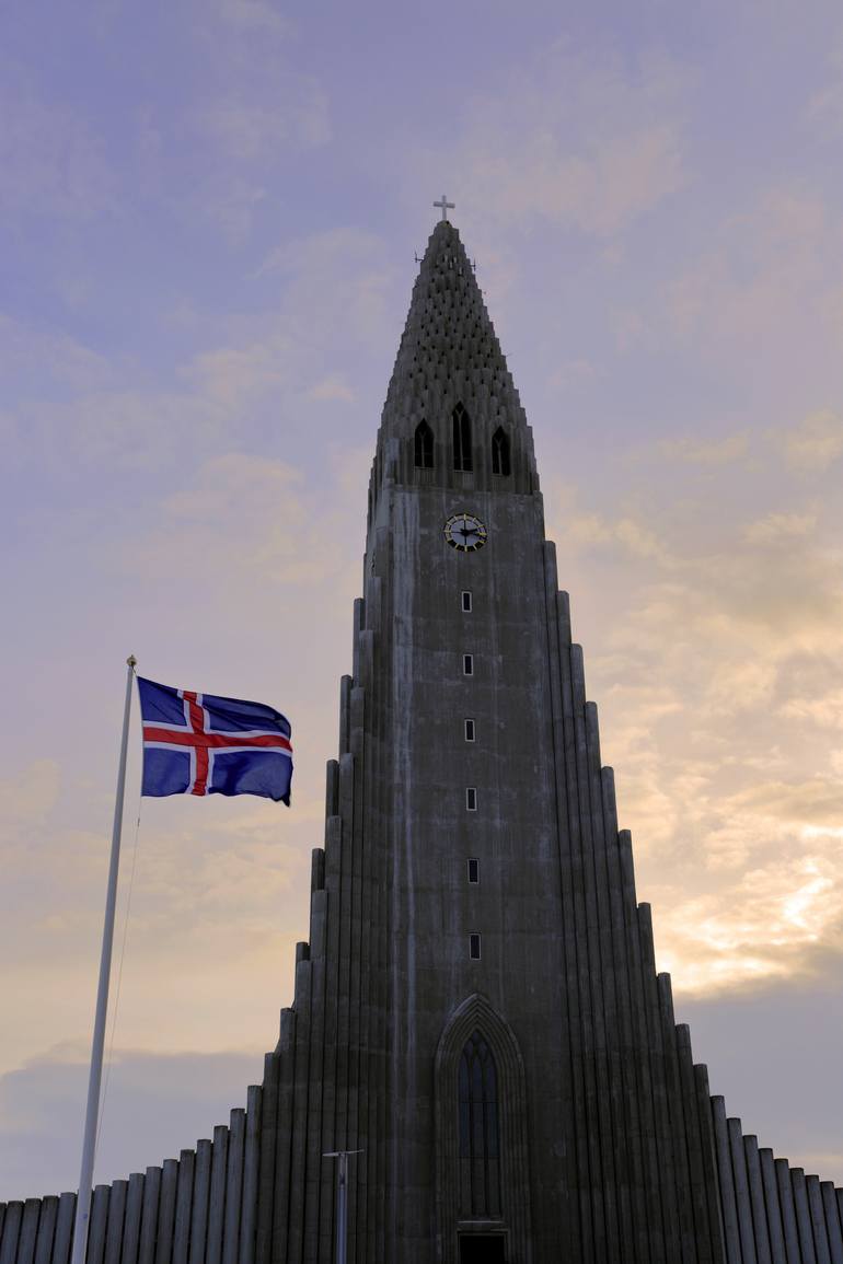 Original Architecture Photography by Dave Porter | Abstract Art on Canvas | Exterior of the Hallgrimskirkja church at night, Reykjavik city, Iceland -