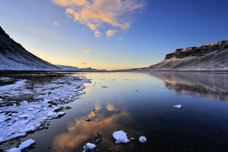 Original Landscape Photography by Dave Porter | Abstract Art on Canvas | Sunset over the frozen Hvalfjordur Fjord, West coast, Iceland - Limited Edit