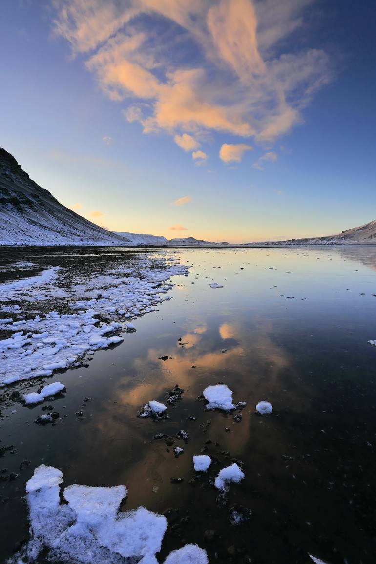 Original Landscape Photography by Dave Porter | Abstract Art on Canvas | Sunset over the frozen Hvalfjordur Fjord, West coast, Iceland - Limited Edit