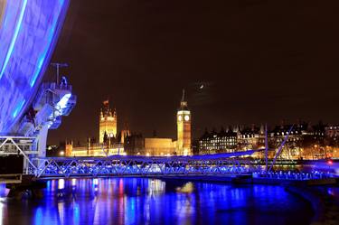 The Millennium Eye Wheel at night, Big Ben, Houses of Parliament, South Bank river Thames, London, England - Limited Edition of 15 thumb