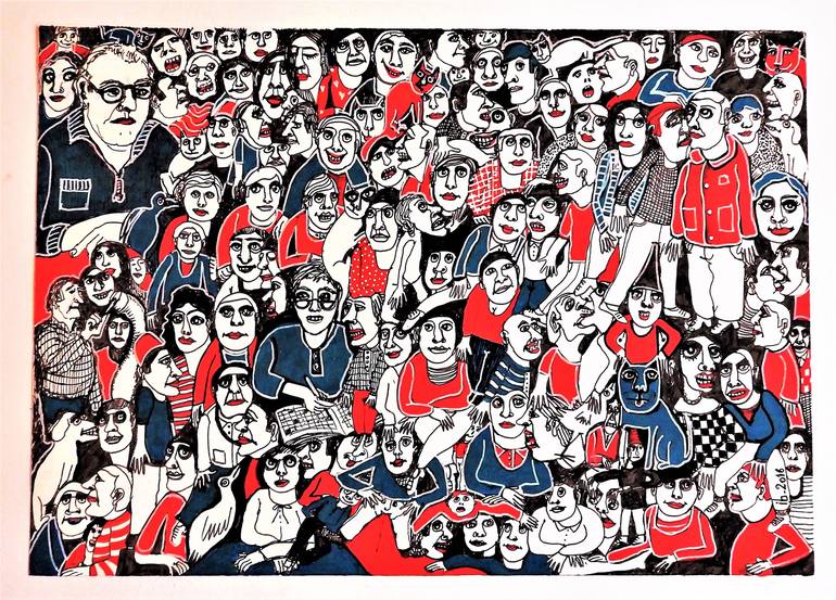 Crowd black, white, red, blue Drawing by Isabelle Biquet | Saatchi Art