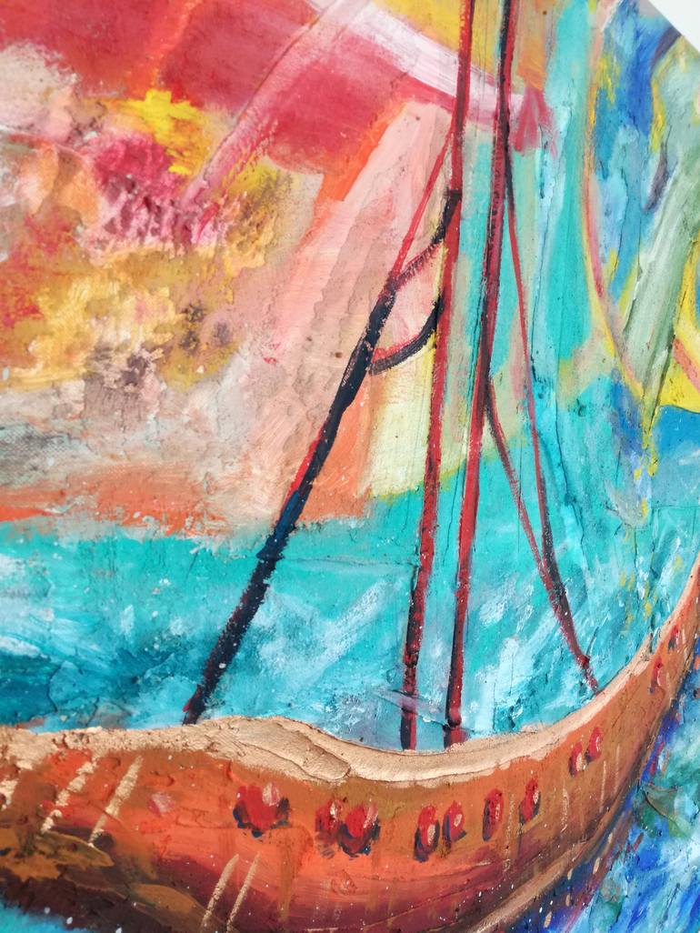 Original Abstract Sailboat Painting by Erika Petunoviene AYTE