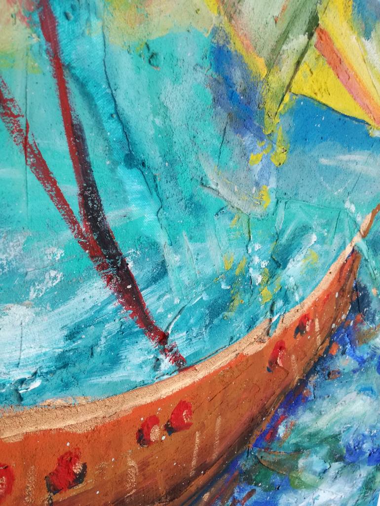 Original Abstract Sailboat Painting by Erika Petunoviene AYTE