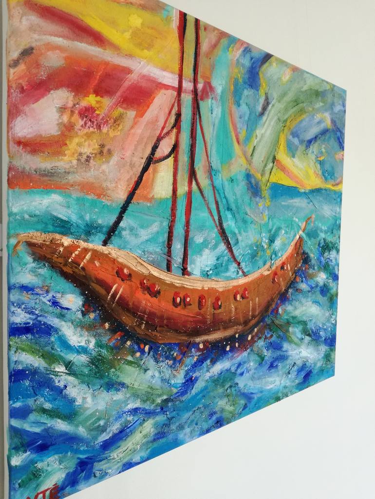 Original Abstract Sailboat Painting by Erika Petunoviene AYTE