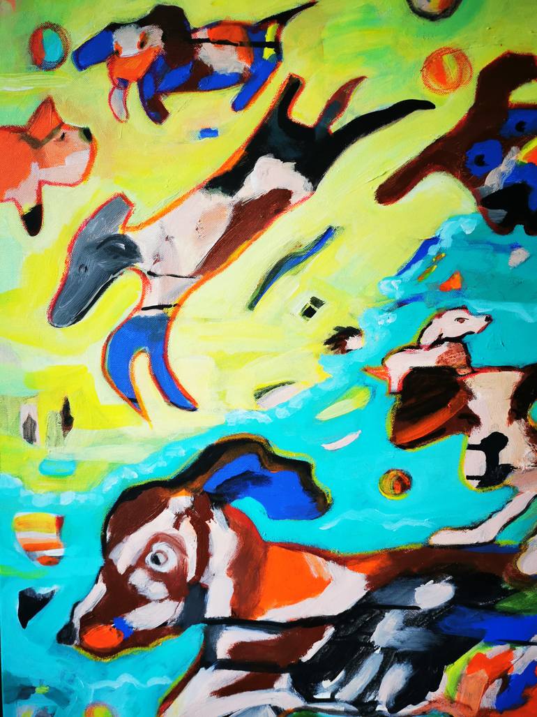 Original Abstract Dogs Painting by Erika Petunoviene Ayte