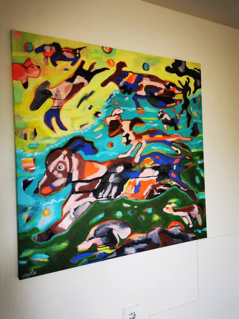 Original Abstract Dogs Painting by Erika Petunoviene Ayte
