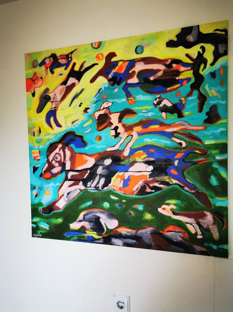 Original Abstract Dogs Painting by Erika Petunoviene Ayte