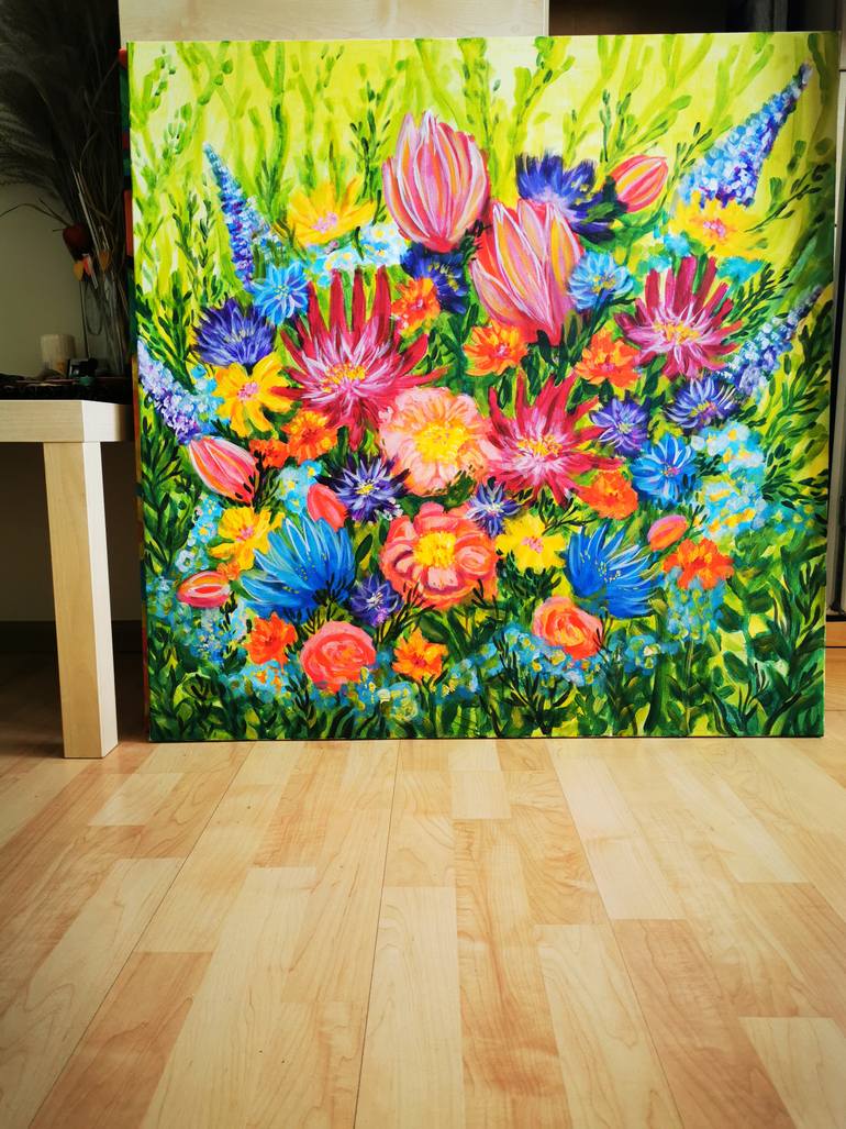 Original Abstract Floral Painting by Erika Petunoviene Ayte