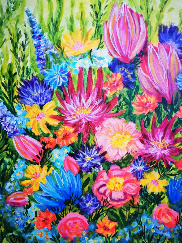 Original Abstract Floral Painting by Erika Petunoviene Ayte