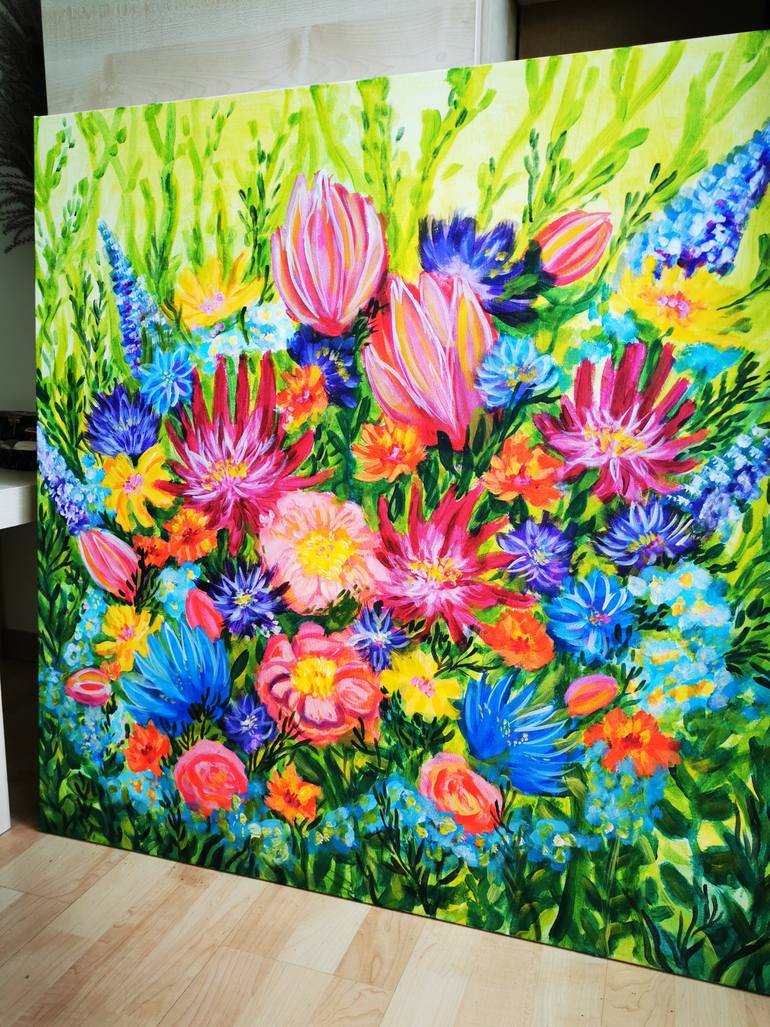 Original Abstract Floral Painting by Erika Petunoviene Ayte