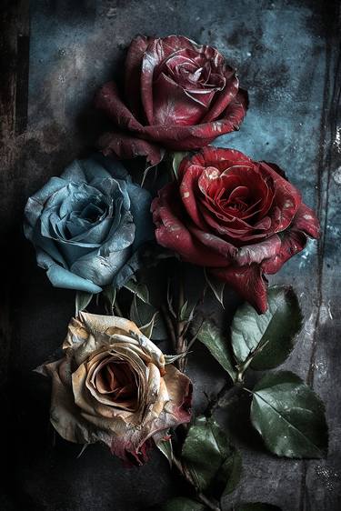 blue and red roses are on an old canvas wall, thumb