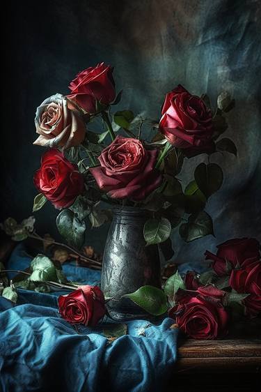 blue and red roses are on an old canvas wall thumb