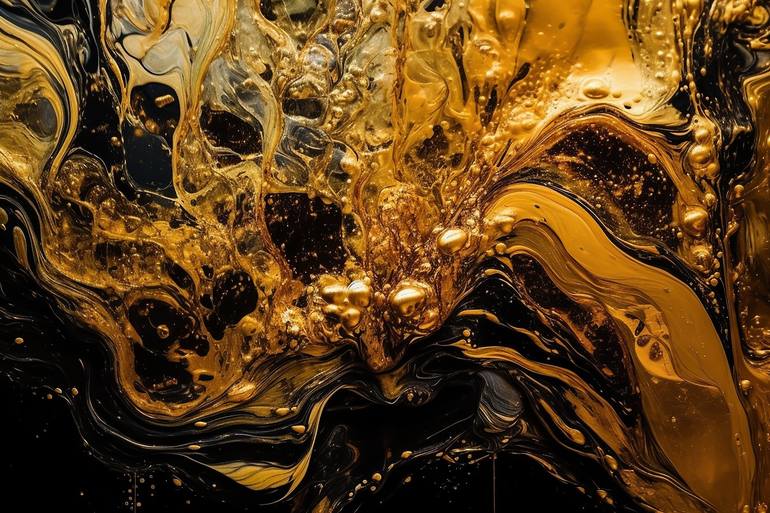 abstract dark liquid, art gold and marble splashes - Print