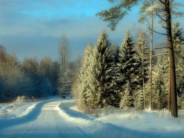 Landscape, rural roads of Latvia in winter, sunny day thumb