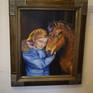 This painting is the story of my childhood. Its a painting of a friend's child and her pony but it is all that I aspired to for years when I was growing up.. I wanted my own pony and at the age of 11 my dreams came true. I had to learn to care for him through our harsh winters and learned about responsibility.
I always had a coat too big for me but remembered being so cold that I warmed my hands under his chin.
I wanted to paint the total love a child has for an animal.