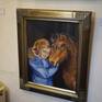 This painting is the story of my childhood. Its a painting of a friend's child and her pony but it is all that I aspired to for years when I was growing up.. I wanted my own pony and at the age of 11 my dreams came true. I had to learn to care for him through our harsh winters and learned about responsibility.
I always had a coat too big for me but remembered being so cold that I warmed my hands under his chin.
I wanted to paint the total love a child has for an animal.