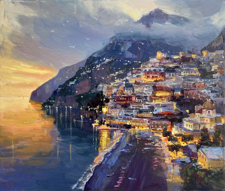 油絵　oil painting Sunset over the city Painting by Eugene Chernyakovsky | Saatchi Art