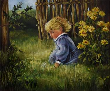 Small Girl Painting on Canvas Figurative Painting Acrylic on Canvas Grass Painting Woman Painting Children Painting thumb