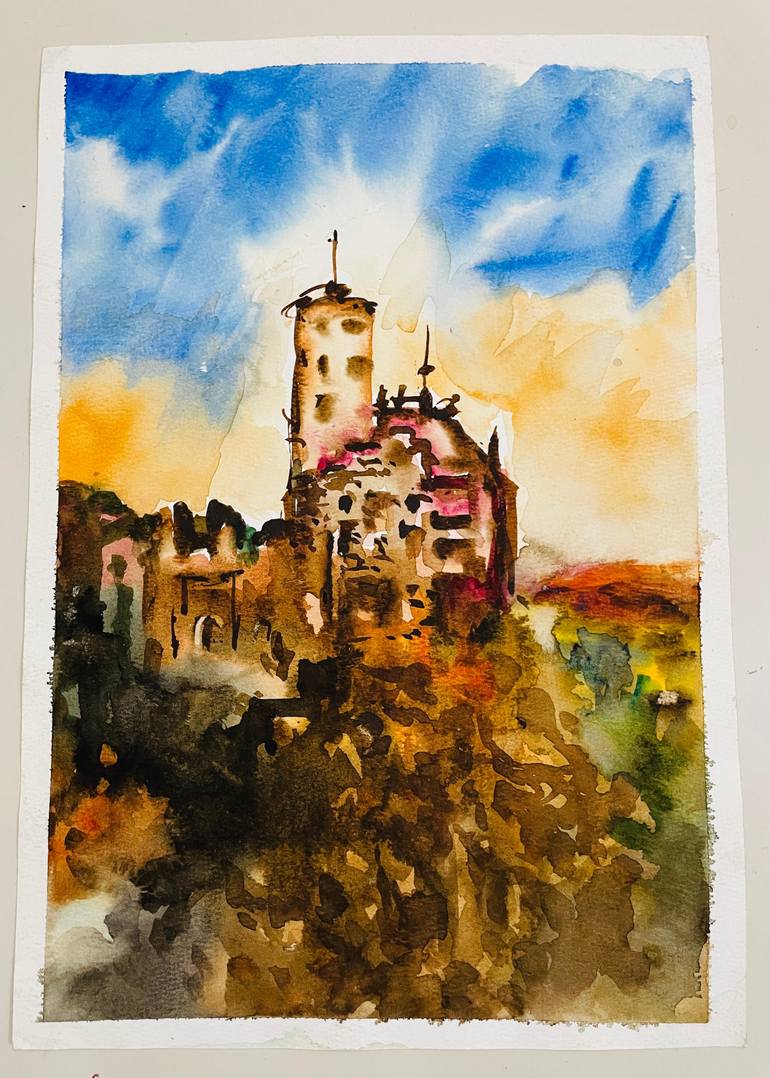 Original Architecture Painting by Sushanta Das | Contemporary Art on Paper | Sunlit Ruins at Dusk