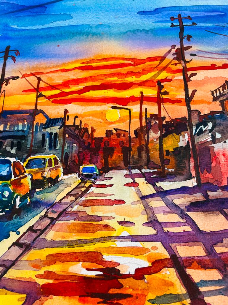 Original Cats Painting by Sushanta Das | Abstract Expressionism Art on Paper | Sun set street Stories