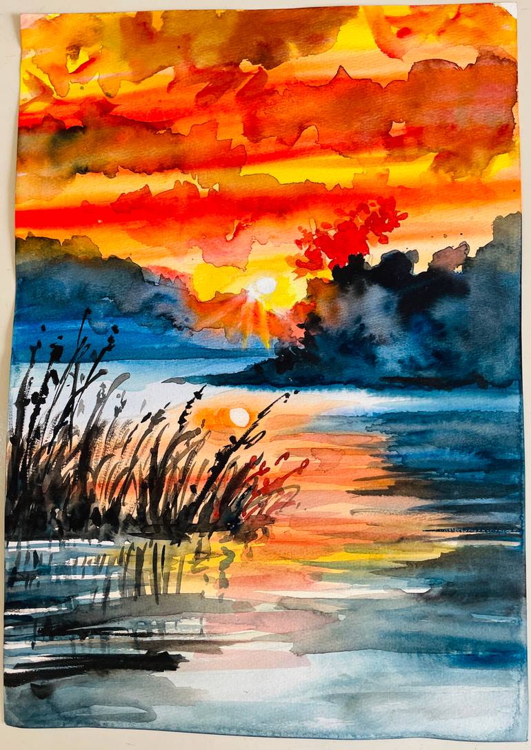 Original Landscape Painting by Sushanta Das | Abstract Expressionism Art on Paper | Sunset Over the Water.