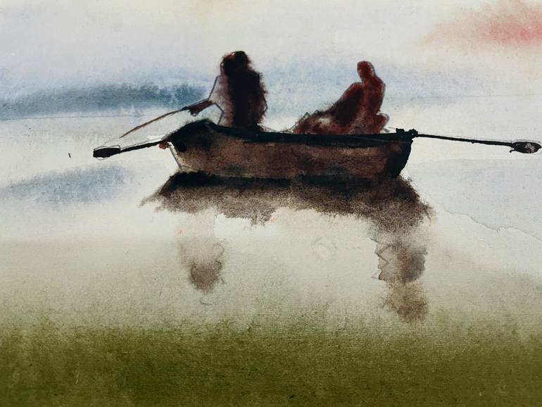 Original Landscape Painting by Sushanta Das | Contemporary Art on Paper | "Two on the Water"
