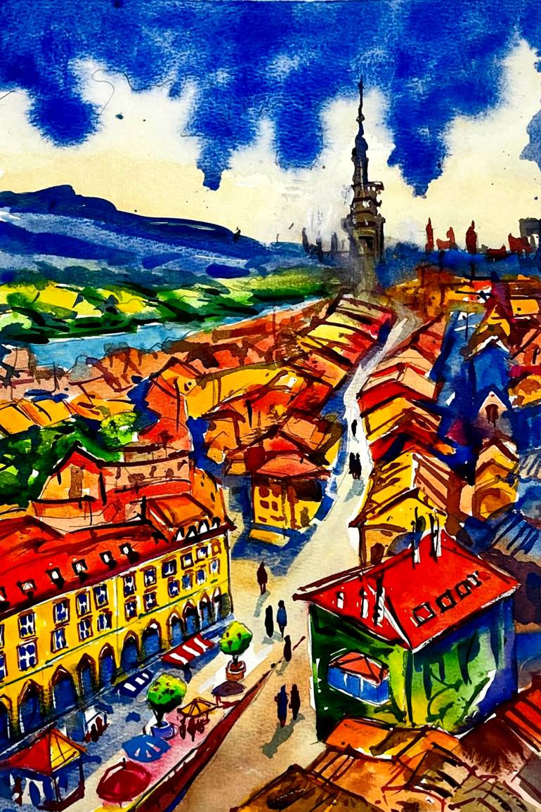 Original Architecture Painting by Sushanta Das | Abstract Expressionism Art on Paper | Roofs Beneath the Blue