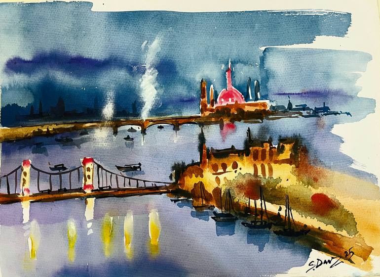 Original Cities Painting by Sushanta Das | Abstract Expressionism Art on Paper | The cityscape by the river at night